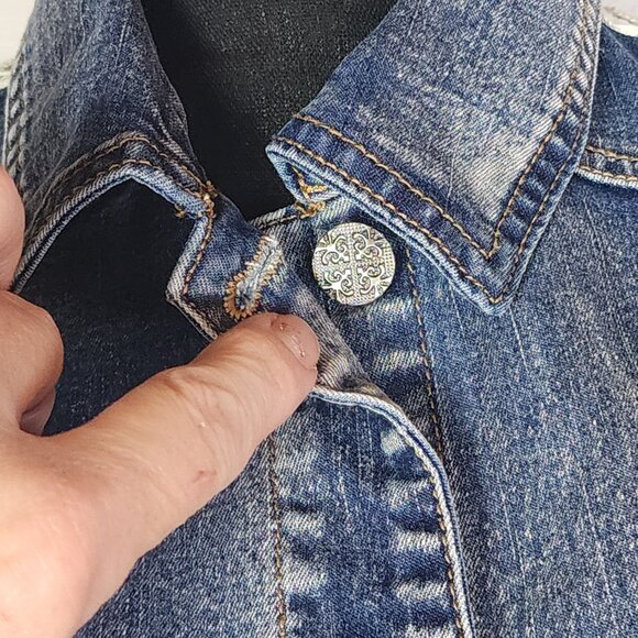 Indigo Thread Denim Button Front Cream Crochet Back Cotton Poly Span Vest Size S - Picture 6 of 16